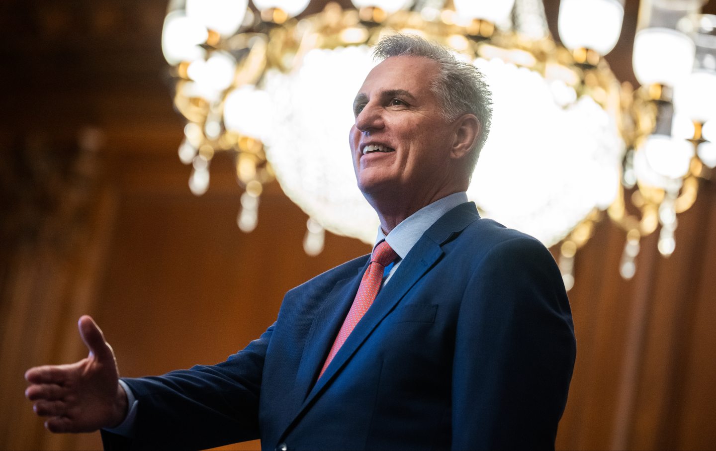 Representative Kevin McCarthy (R-Calif.) greets staffers and members while conducting a photo-op in the US Capitol’s Rayburn Room on Thursday, December 14, 2023.