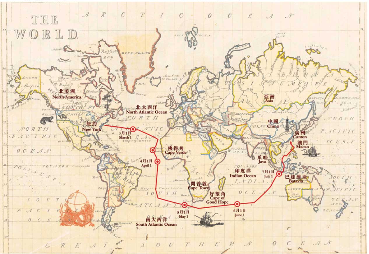 The route taken by the first boat to travel to China from New York in service of the opium trade.
