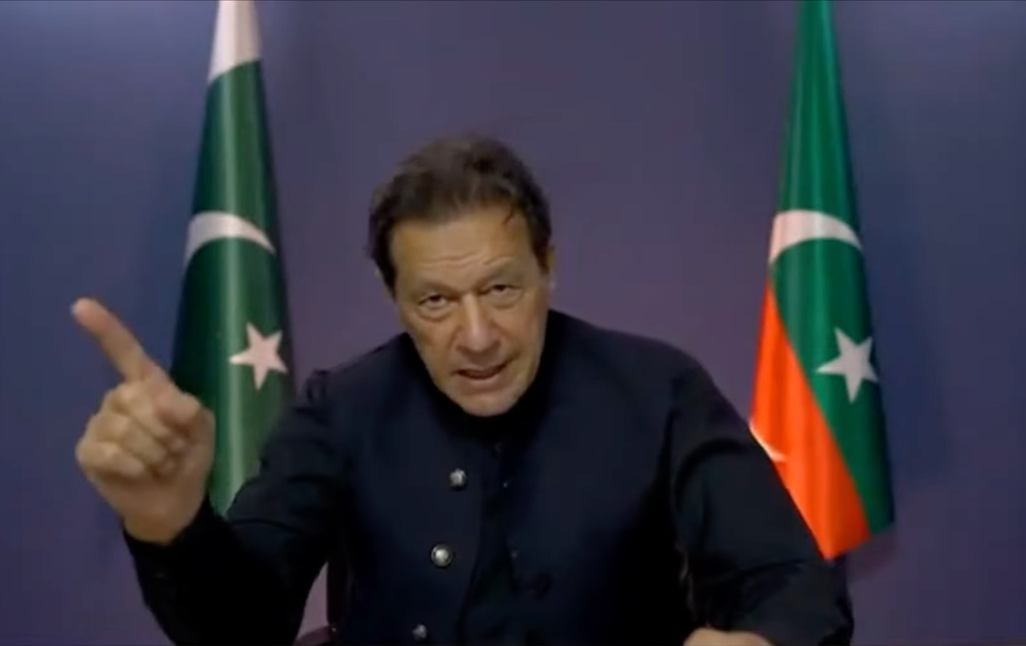 A prerecorded clip of former Pakistani prime minister Imran Khan addressing supporters at a virtual rally.
