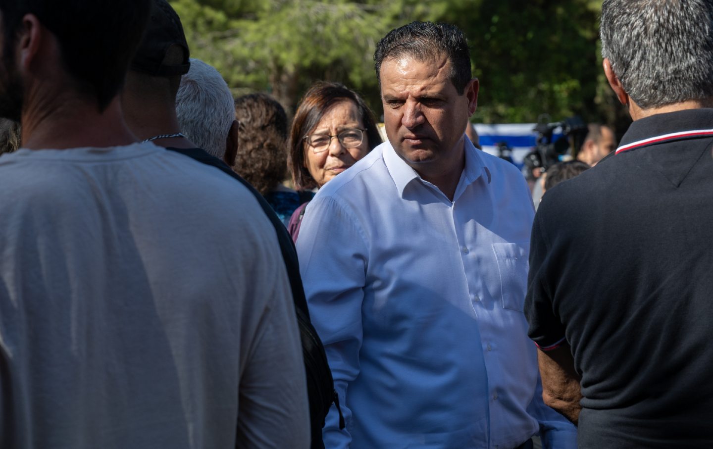 Knesset member Ayman Odeh attends a memorial service for Vivian Silver in Tel Gezer, Israel.
