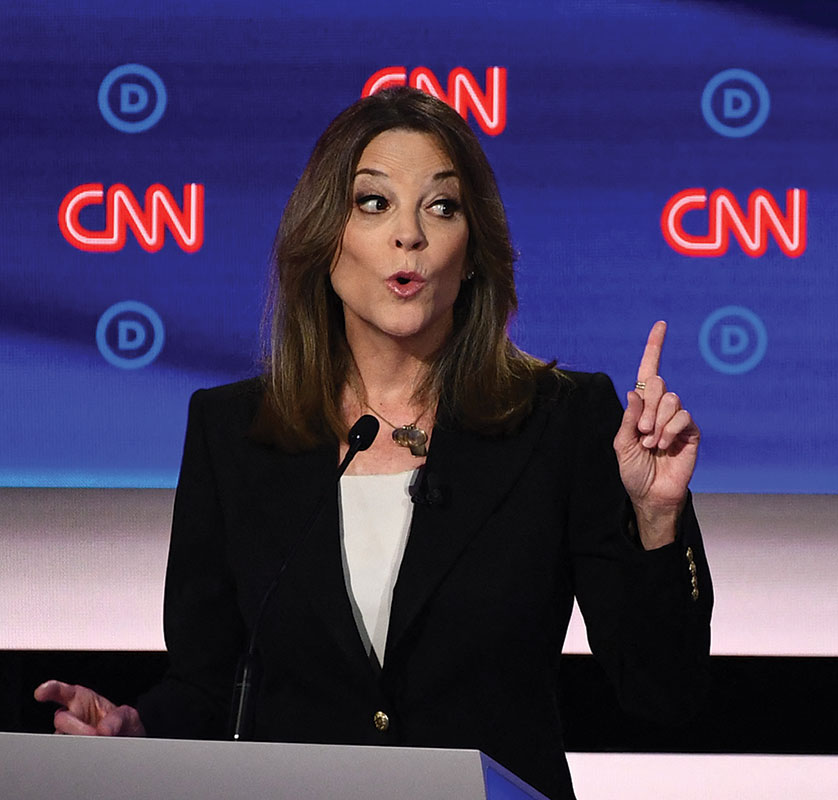 Williamson, seen here on the 2020 debate stage, faces the same long odds this time. “I’ve been invisibalized,” she says.