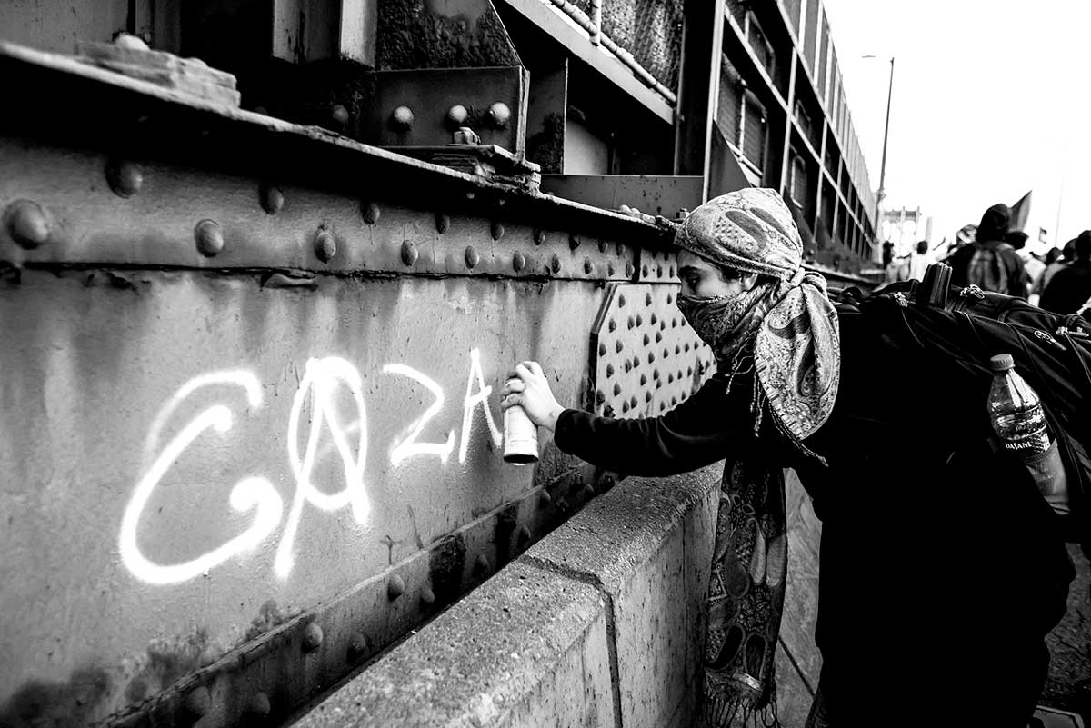 Protesters occupying the Manhattan Bridge in New York City.