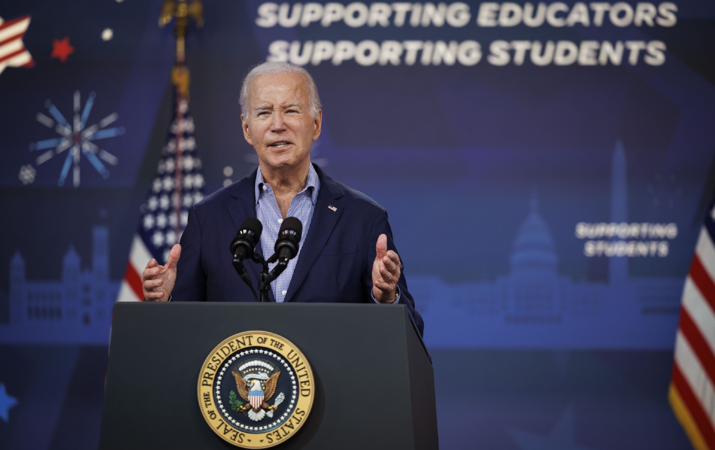 President Joe Biden speaks during a National Education Association event in the Eisenhower Executive Office Building in Washington, D.C., on July 4, 2023.