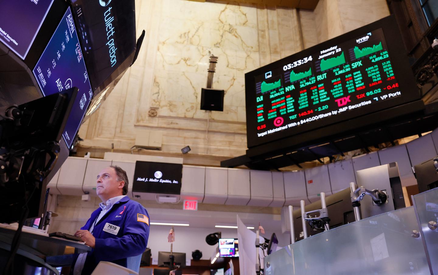 Traders work on the floor of the New York Stock Exchange during afternoon trading on January 22, 2024, in New York City. The Dow Jones and S&P both hit all-time highs with the Dow Jones closing over 38,000 points for the first time ever as stocks continue to rise.