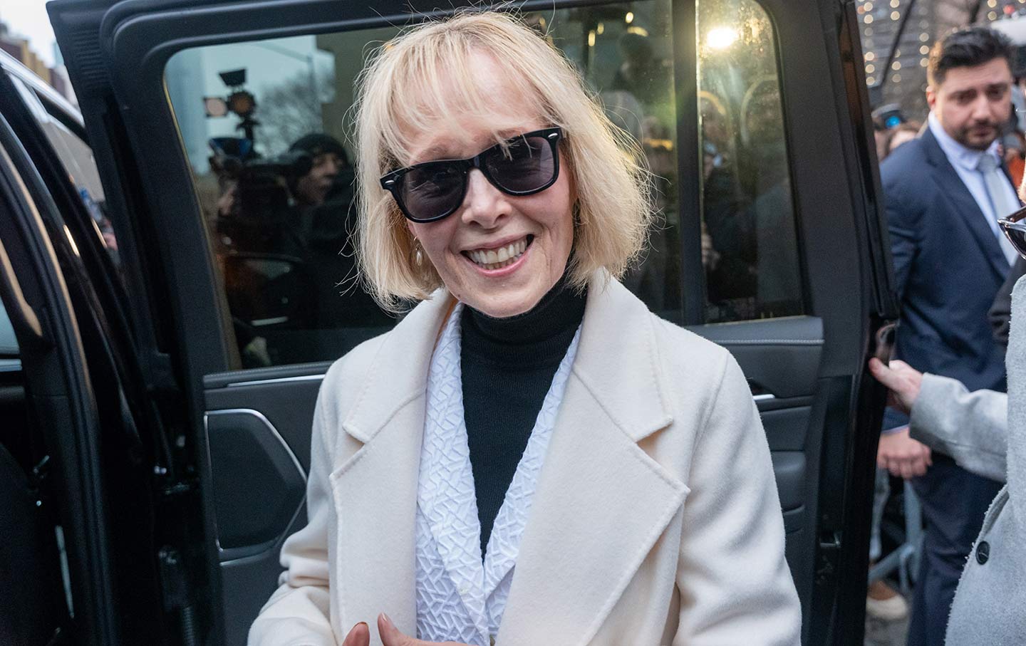 E. Jean Carroll departs a Manhattan federal court at the conclusion of her defamation suit against Donald Trump on January 26, 2024, in New York City.