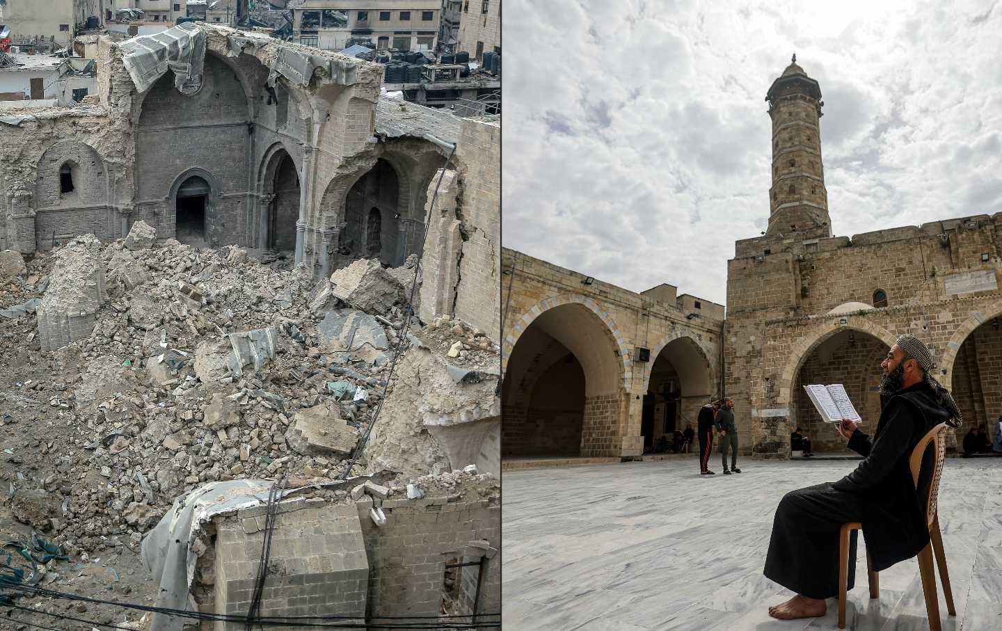 Left: Gaza City’s Omari Mosque after Israeli bombardment. Right: A Palestinian man reading in the courtyard of the same mosque last spring.