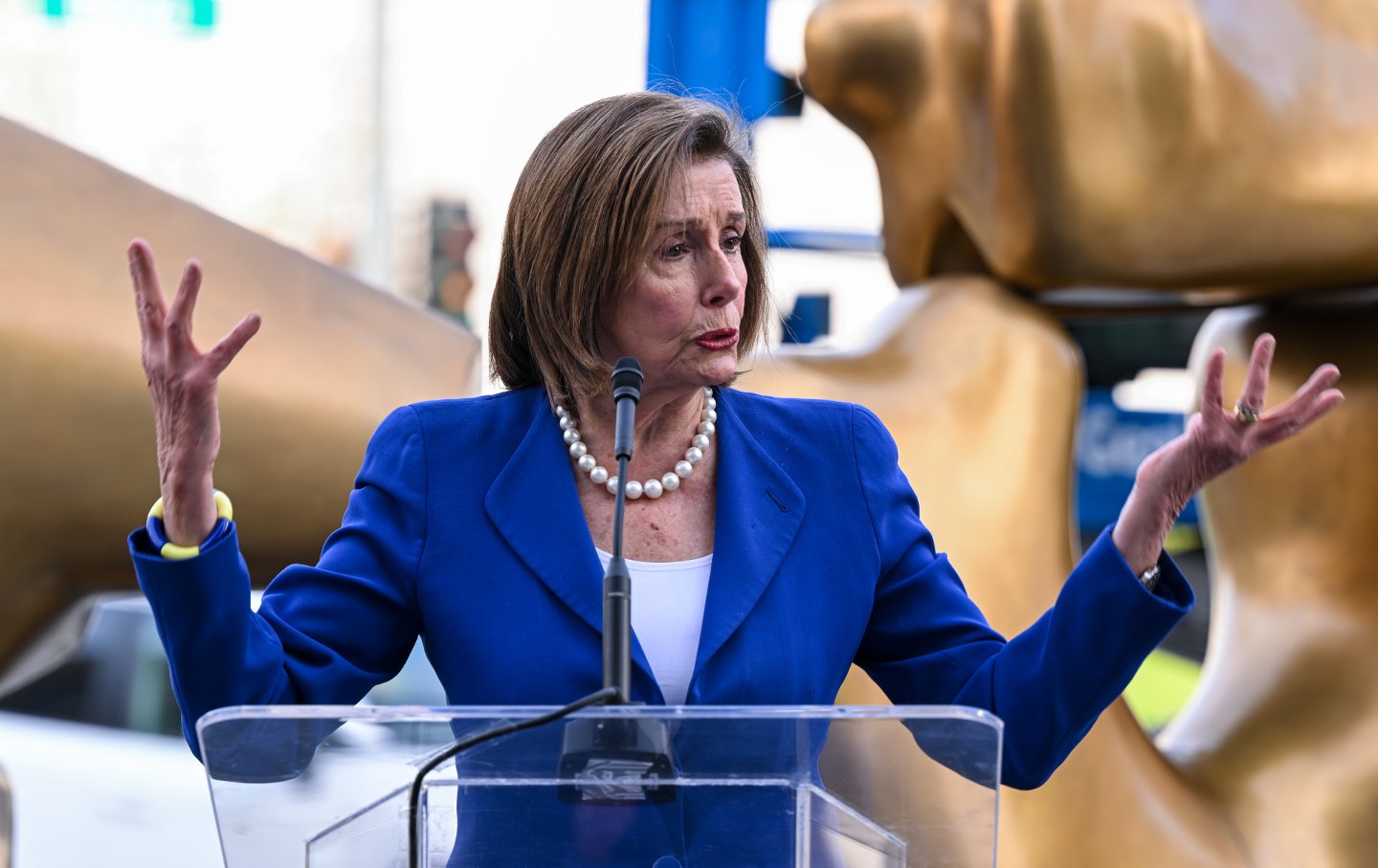 SAN FRANCISCO, CALIFORNIA - DECEMBER 15: U.S. Representative Nancy Pelosi speaks during a dedication ceremony of Michael Tilson Thomas (MTT) Way, the block on Grove Street between Franklin Street and Van Ness Avenue as Mayor London Breed, conductor and pianist Michael Tilson Thomas and family, San Francisco Symphony leaders and supporters attend, in San Francisco, California, United States on December 15, 2023.