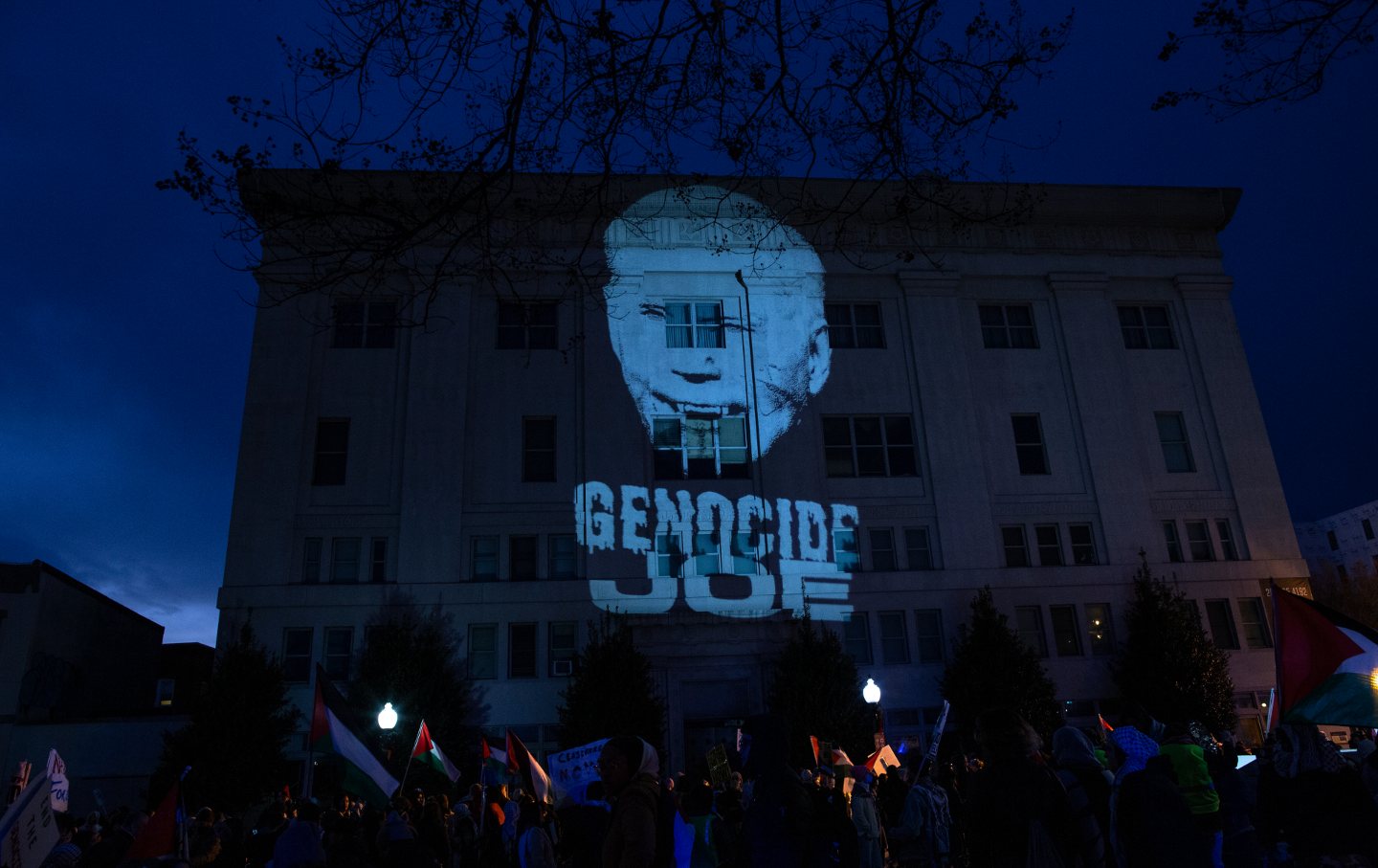 A projected picture of President Joe Biden with the text reading “Genocide Joe” on the wall of the African American Civil War Memorial Museum during in a Pro-Palestinian demonstration in Washington, D.C. Pro-Palestinian demonstrators gathered at Thomas Circle to hold a rally with Palestinian flags and banners, calling for a cease-fire in Gaza.