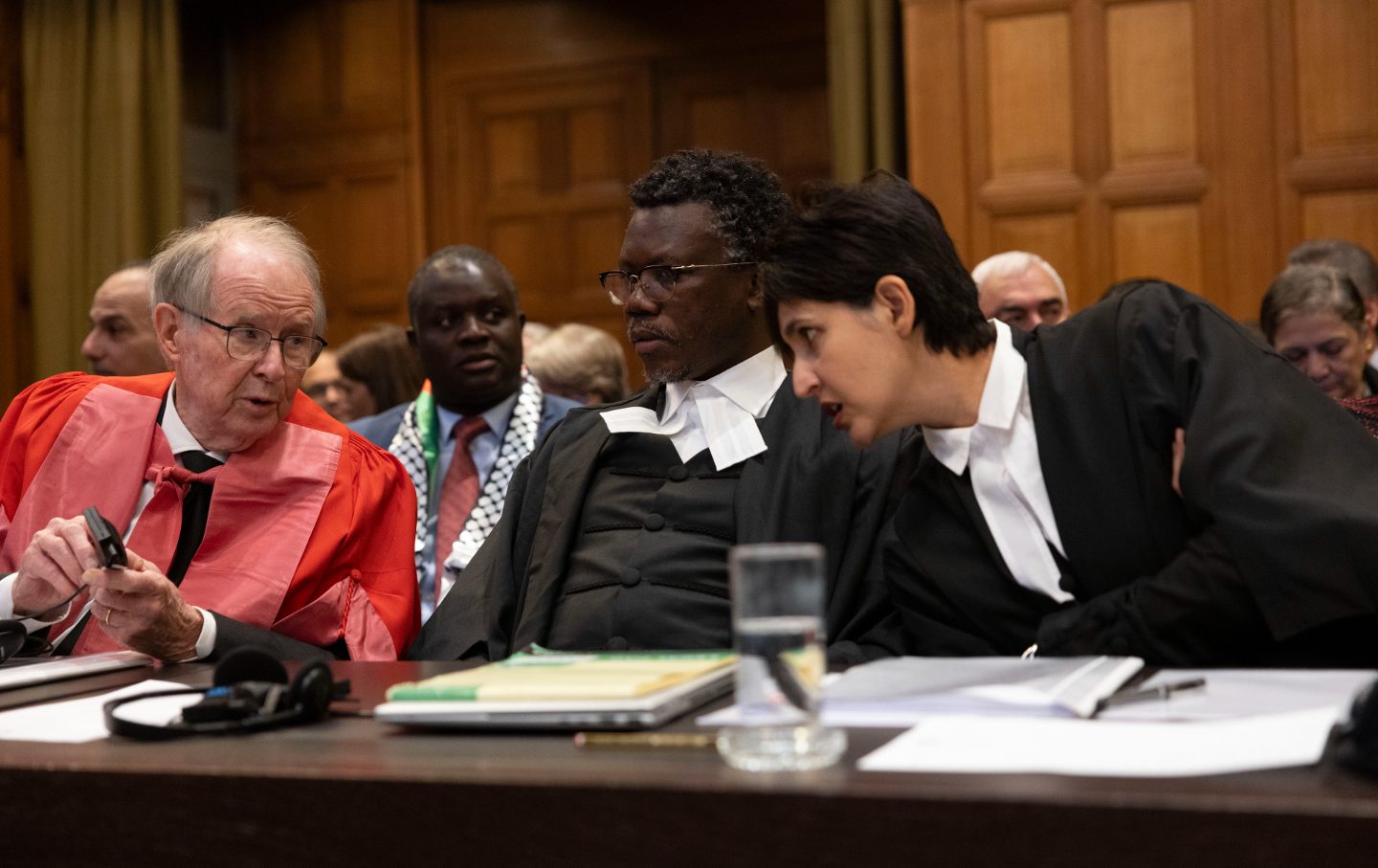 South African delegation members John Dugard, Tembeka Ngcukaitobi, and Adila Hassimon prepare for today’s hearings of Israel’s point of view as South Africa has requested the International Court of Justice to indicate measures concerning alleged violations of human rights by Israel in the Gaza Strip on January 12, 2024, in The Hague, The Netherlands.