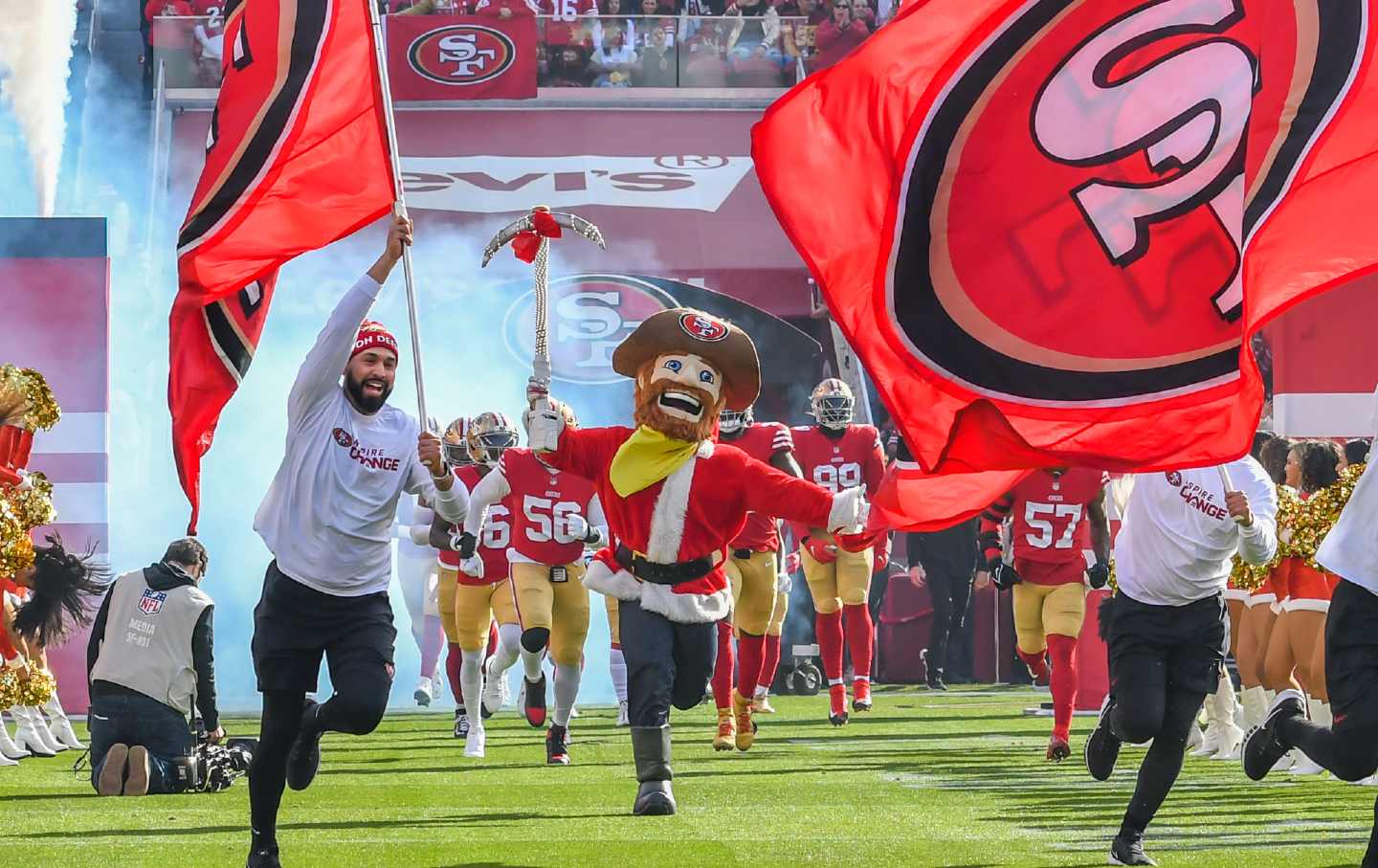 The San Francisco 49ers mascot, Sourdough Sam, leads the team onto the field at the start of the game between the Washington Commanders and the San Francisco 49ers on Saturday, December 24, 2022, in Santa Clara, Calif.