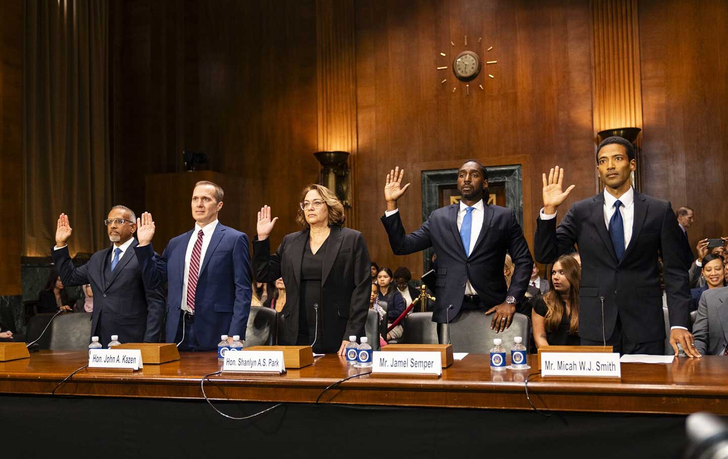 Five of President Joe Biden’s nominees to the federal judiciary are sworn in during a Senate Judiciary Committee hearing on Wednesday, October 4, 2023.