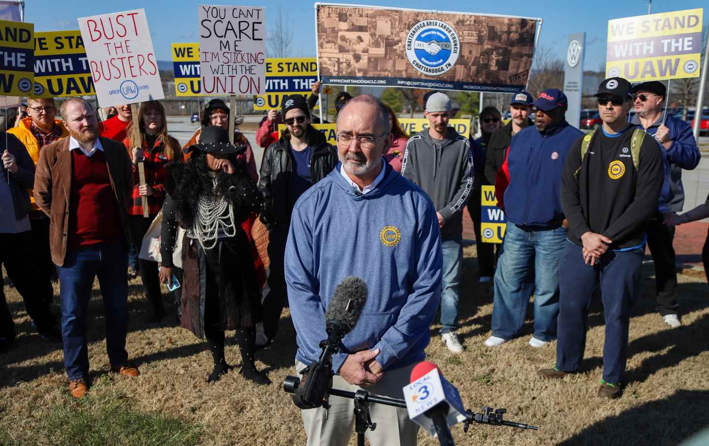 UAW President Shawn Fain speaks to the media in Chattanooga, Tenn., on Monday, December 18, 2023.