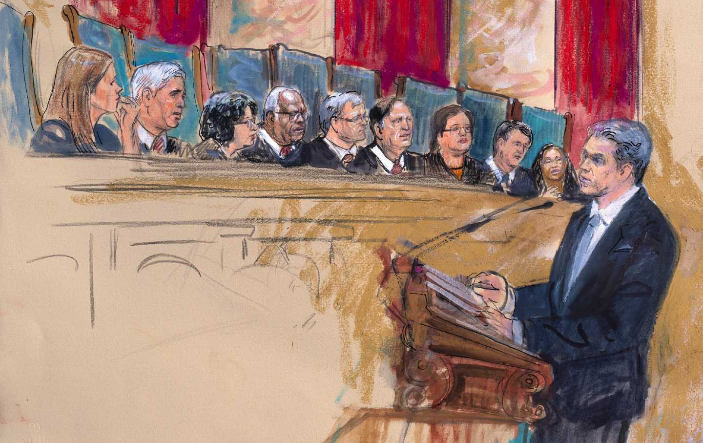 Artist sketch depicting attorney Jonathan Mitchell arguing before the Supreme Court on behalf of former president Donald Trump on Thursday, February 8, 2024, in Washington, D.C.