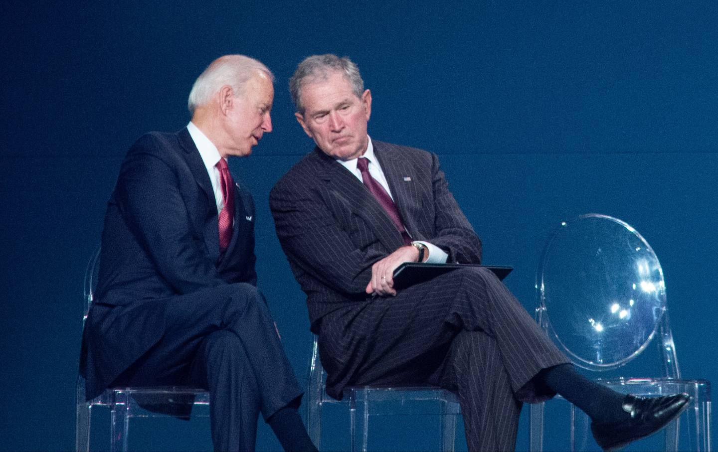 Joe Biden and George W. Bush await presentation of the 2018 Liberty Medal at The National Constitution Center on November 11, 2018 in Philadelphia, Pennsylvania.