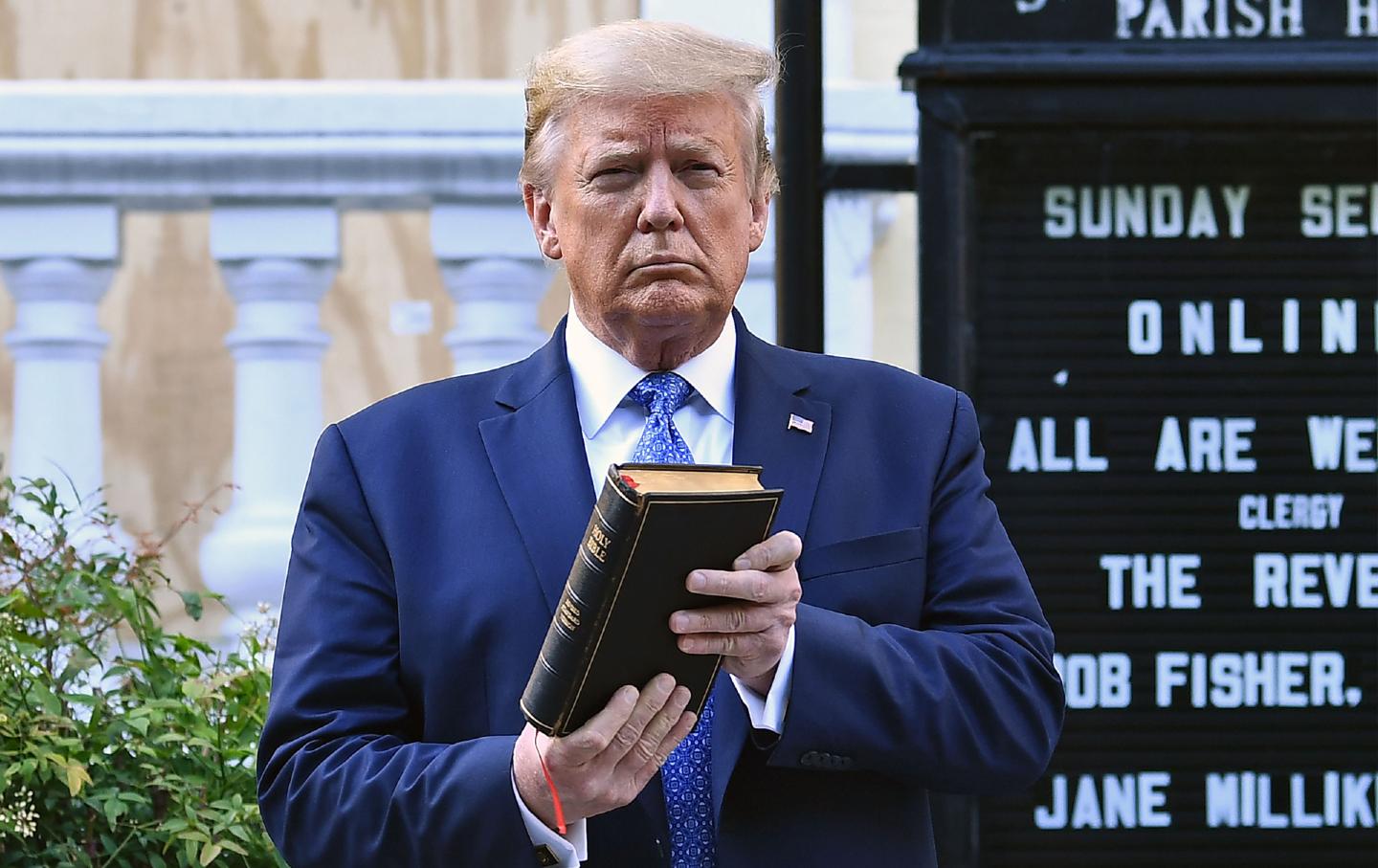 Then–US President Donald Trump holds a Bible outside of St. John's Episcopal church in Washington, D.C., on June 1, 2020. Trump was due to make a televised address to the nation after days of protests against police brutality.