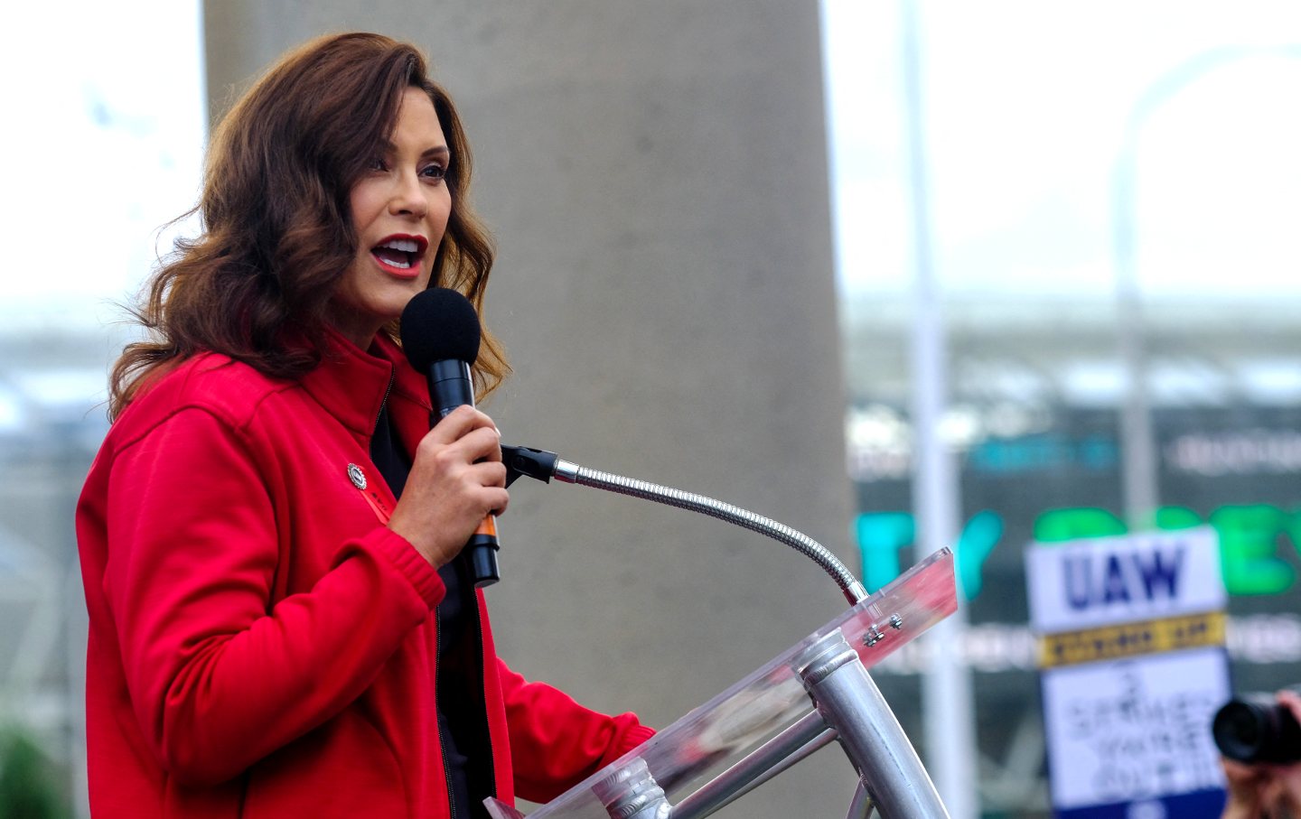 Michigan Governor Gretchen Whitmer speaks to members of the United Auto Workers (UAW) union during a rally in Detroit, Michigan, on September 15, 2023.