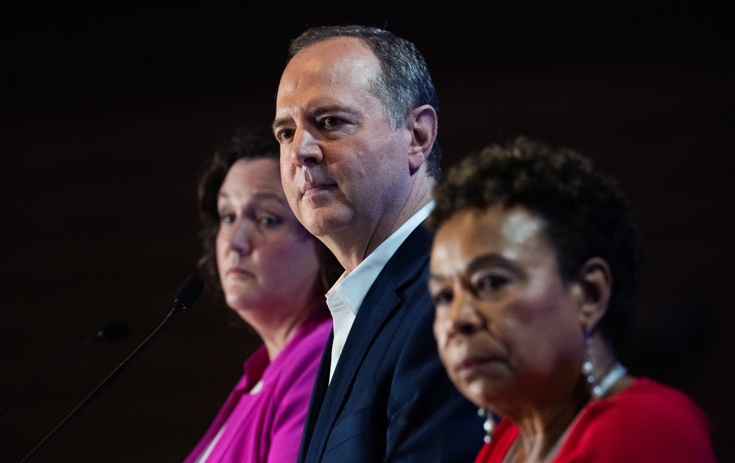 eps. Katie Porter, D-Calif., Adam Schiff, D-Calif., and Barbara Lee, D-Calif., Democratic candidates for U.S. Senate, participate in the National Union of Healthcare Workers Senate Candidate Forum in downtown Los Angeles, Calif., on Sunday, October 8, 2023.