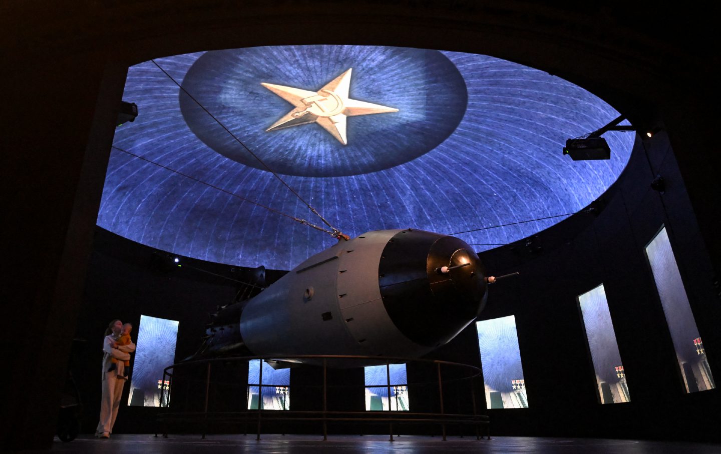 A model of a Soviet nuclear bomb sits at an exhibition in Moscow's All-Russia Exhibition Centre