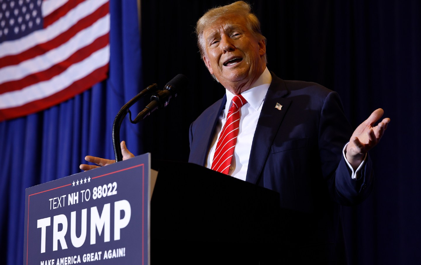 Republican presidential candidate and former president Donald Trump speaks during a campaign rally on January 19, 2024, in Concord, N.H.