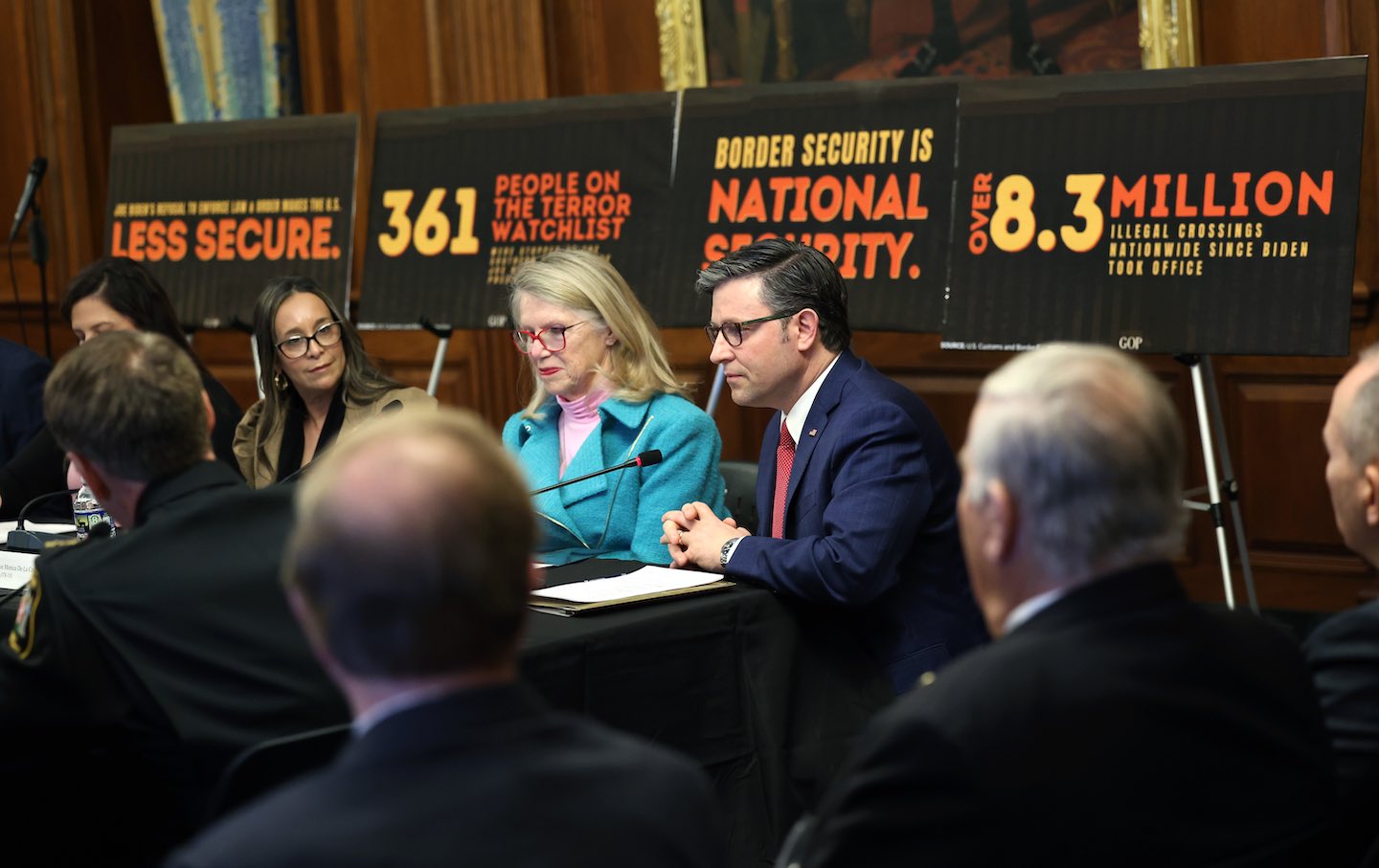 Speaker of the House Mike Johnson (R-La.) attends a roundtable on the southern border at the US Capitol on January 31, 2024, in Washington, D.C.