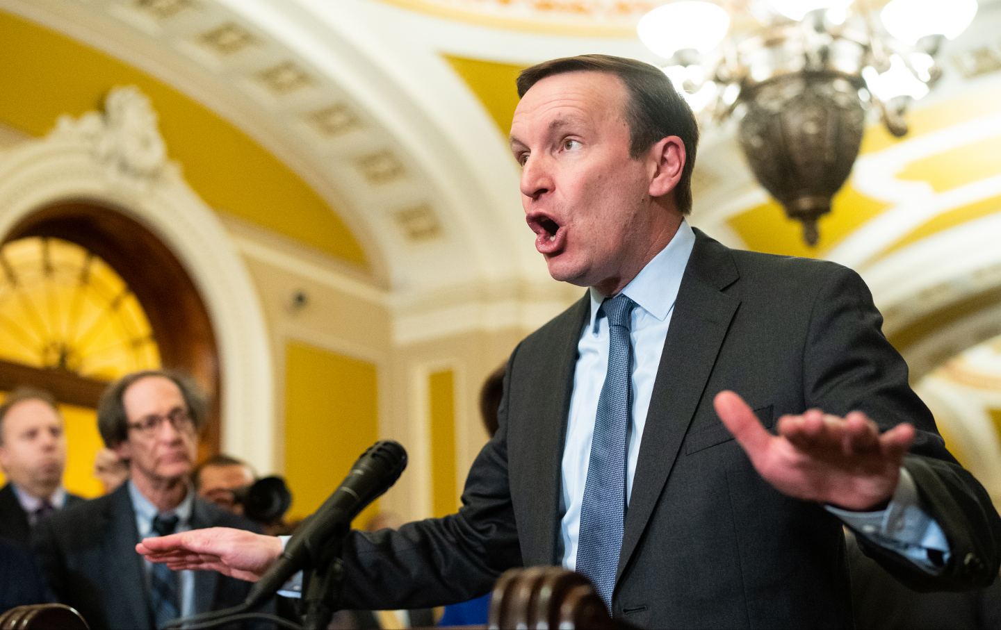 Senator Chris Murphy (D-Conn.) speaks about Republicans’ abandoning the bipartisan border deal during the Senate Democrats’ press conference in the US Capitol on Tuesday, February 6, 2024.