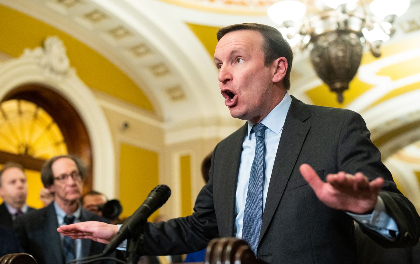 Senator Chris Murphy (D-Conn.) speaks about Republicans’ abandoning the bipartisan border deal during the Senate Democrats' press conference in the US Capitol on Tuesday, February 6, 2024.