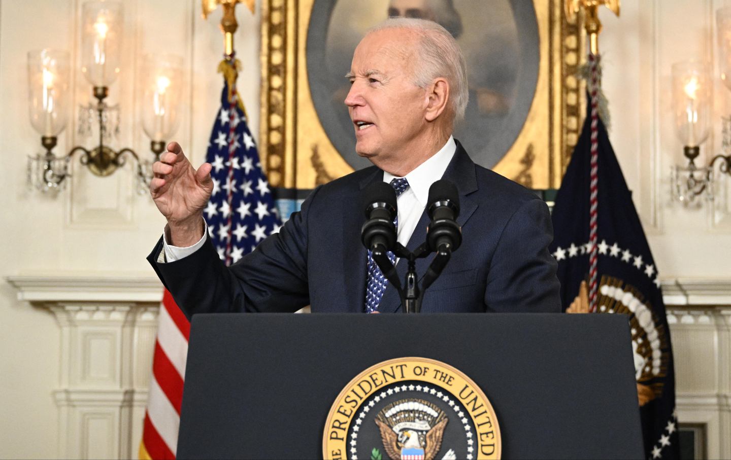 Joe Biden answers questions about Israel after speaking about the Special Counsel report in the Diplomatic Reception Room of the White House in Washington, DC, on February 8, 2024