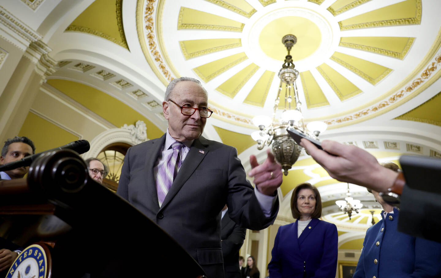 Senate majority leader Chuck Schumer (D-N.Y..) speaks at a news conference after a weekly policy luncheon with Senate Democrats at the US Capitol on February 6, 2024.