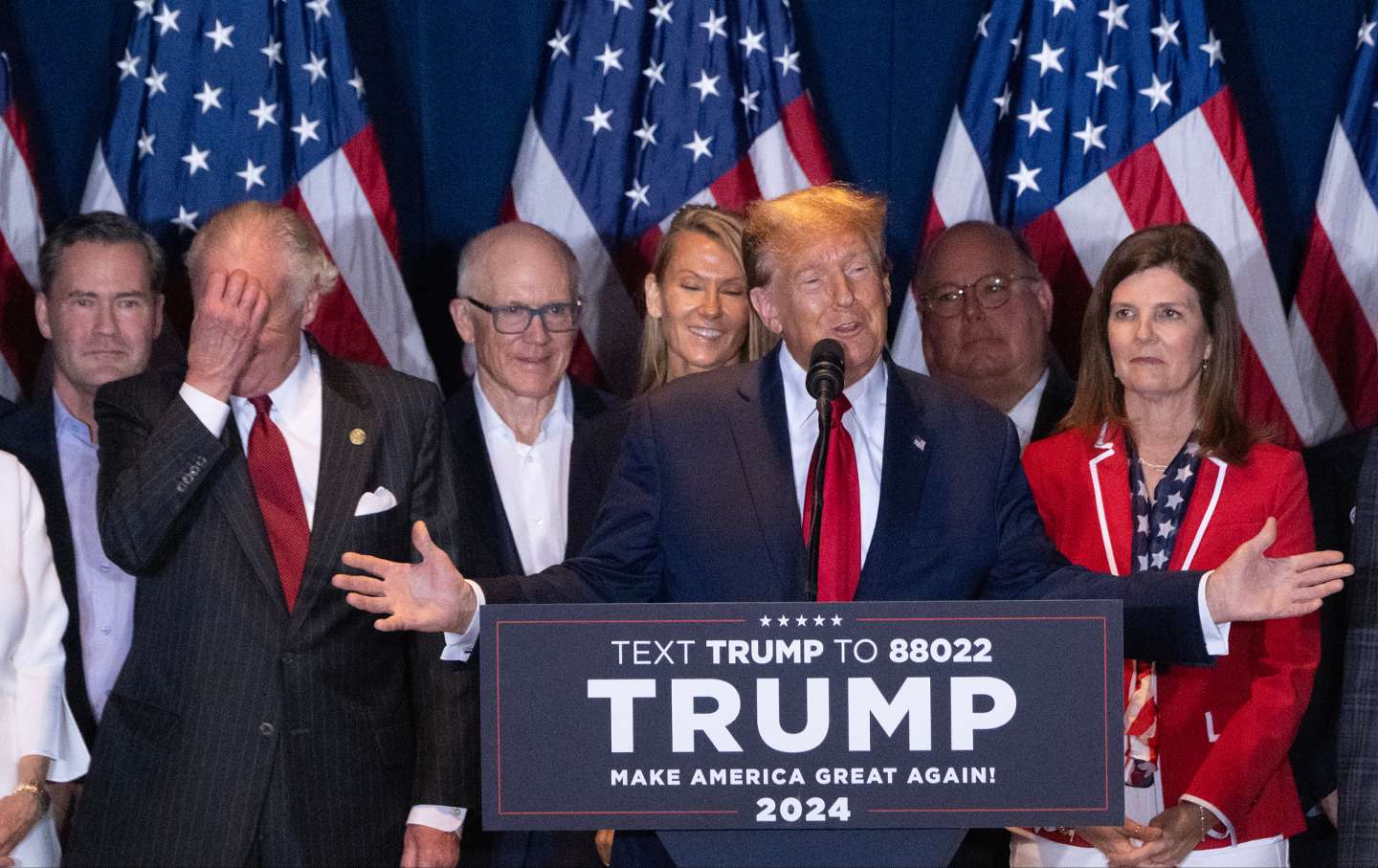 Donald Trump speaks during an election night watch party at the South Carolina State Fairgrounds in Columbia, South Carolina, US, on Saturday, Feb. 24, 2024.