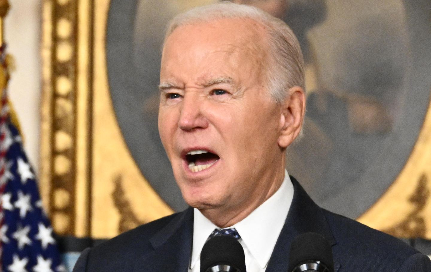 President Joe Biden answers questions about Israel after speaking about the special counsel’s report in the White House in Washington, D.C., on February 8, 2024.