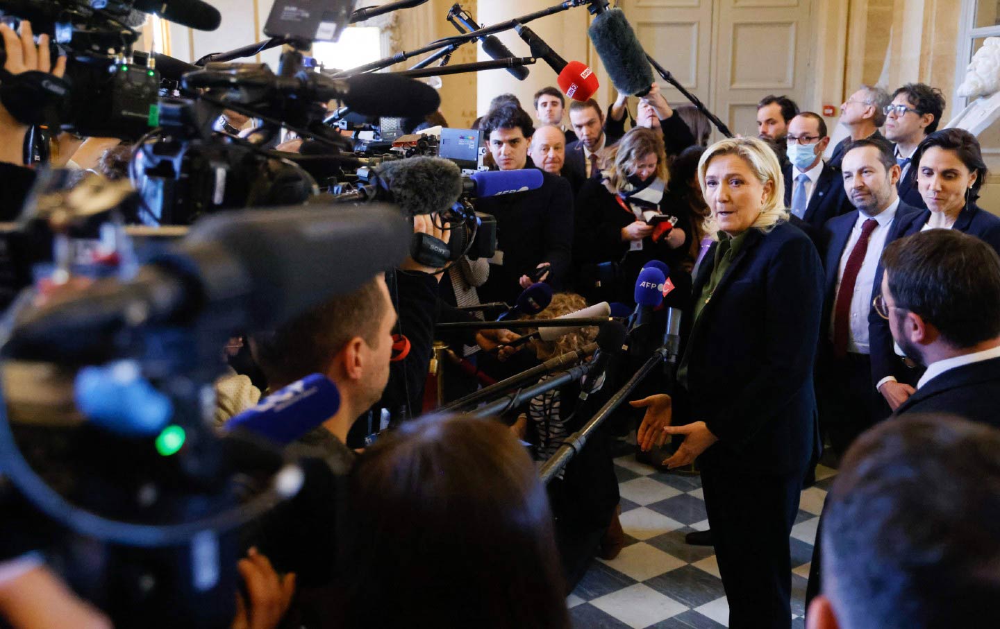 French far-right Rassemblement National parliamentary group president Marine Le Pen addresses the media at the National Assembly in Paris on February 6, 2023.