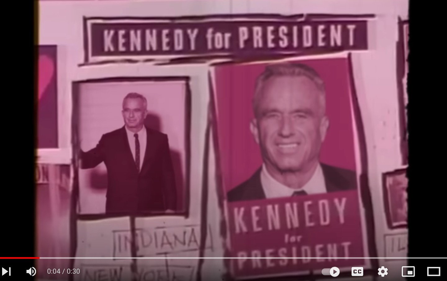 A still from the Super Bowl ad for RFK Jr showing photos of him with text reading 