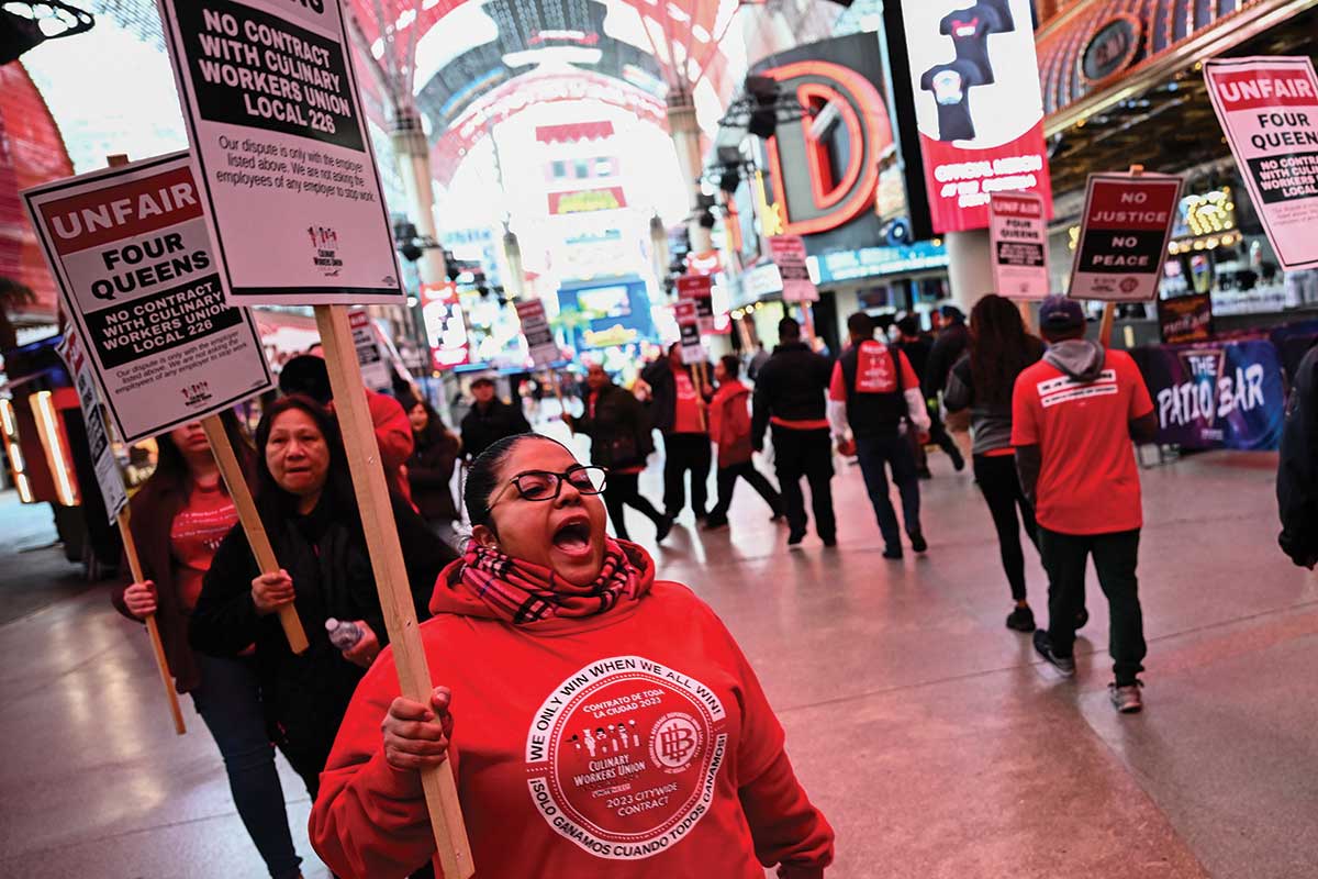 Supporters of the Culinary Workers and Bartenders Unions outside of the Four Queens Casino in February 2024.