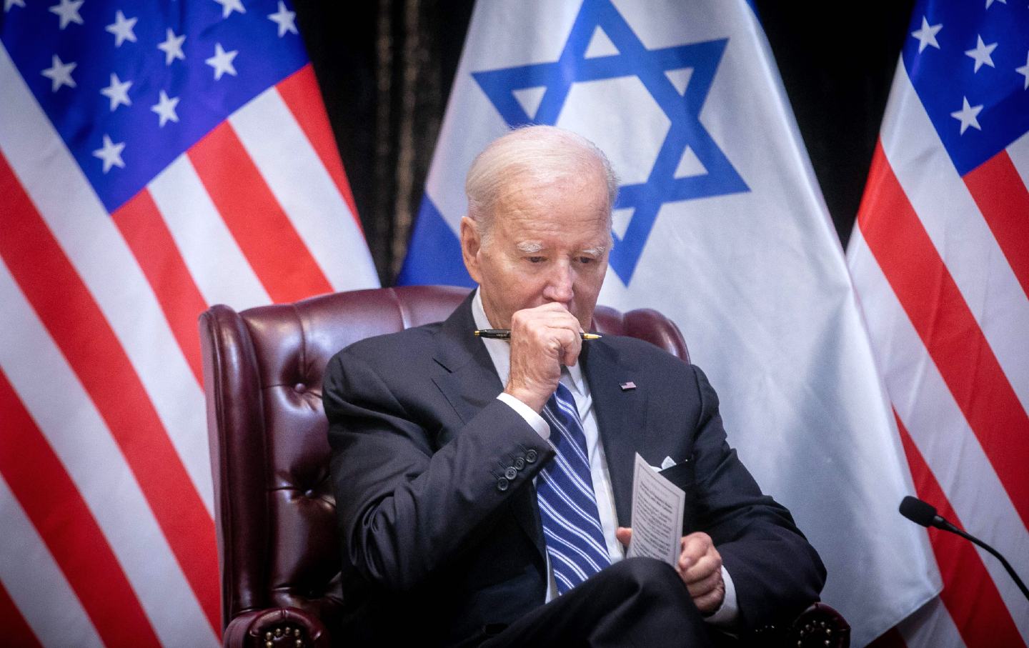 President Joe Biden joined Israel's prime minister for the start of the Israeli war cabinet meeting, in Tel Aviv on October 18, 2023.