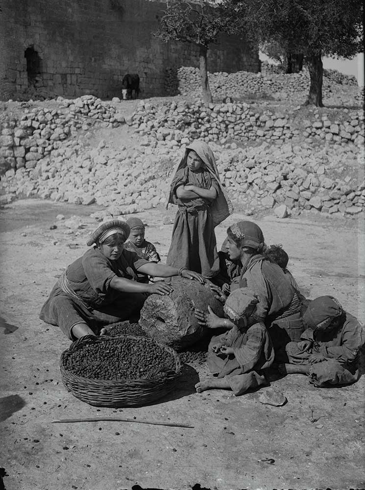 Women pressing olives, circa 1900–1920.