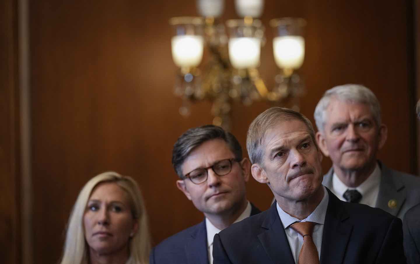 US Representatives Marjorie Taylor Greene (R-Ga.), Mike Johnson (R-La.), Jim Jordan (R-Ohio) and Daniel Webster (R-Fla.), 2023.