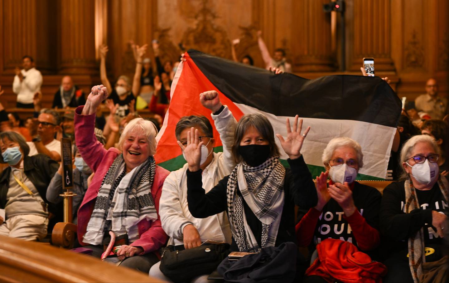 Over two thousand people pack San Francisco's City Hall during a hearing on a cease-fire resolution on December 5, 2023.