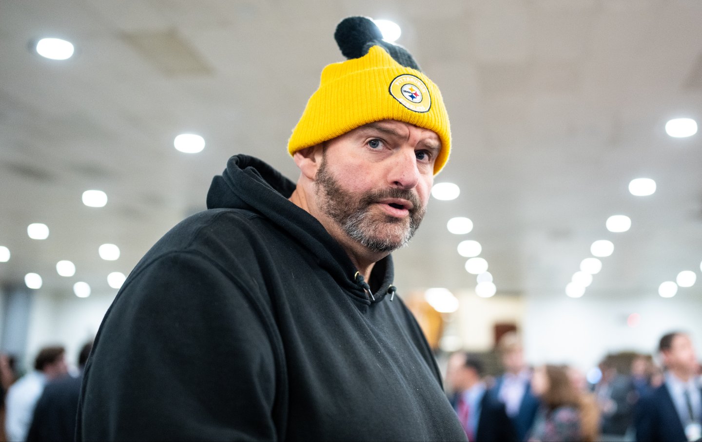 Sen. John Fetterman, D-Pa., speaks to reporters in the Senate subway after a vote in the Capitol on Tuesday, January 9, 2024.