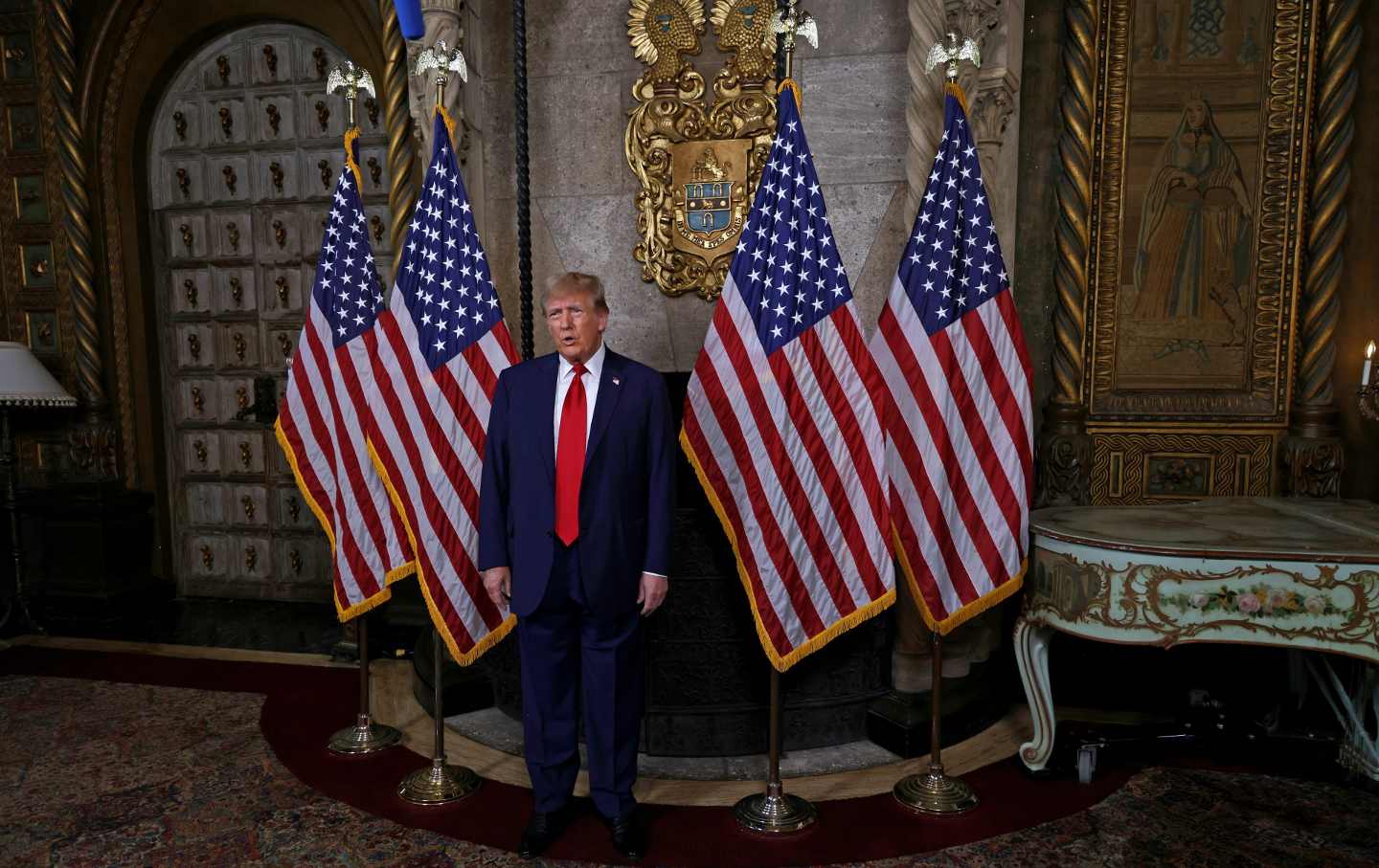 former President Donald Trump speaks in the library at Mar-a-Lago on March 4, 2024 in Palm Beach, Florida.