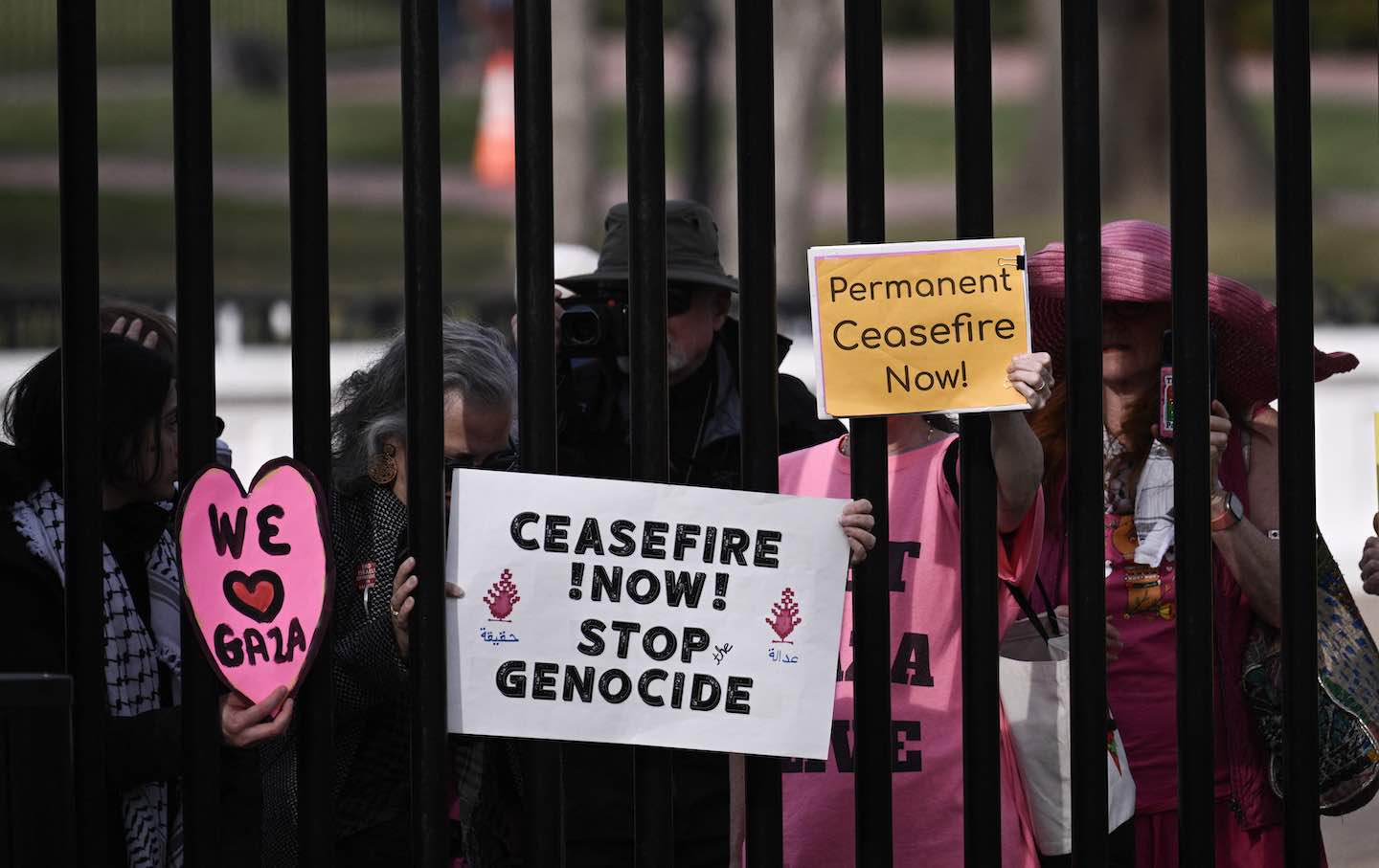 Protesters outside of the White House gates call for a cease-fire in Gaza on March 4, 2024, in Washington, D.C.