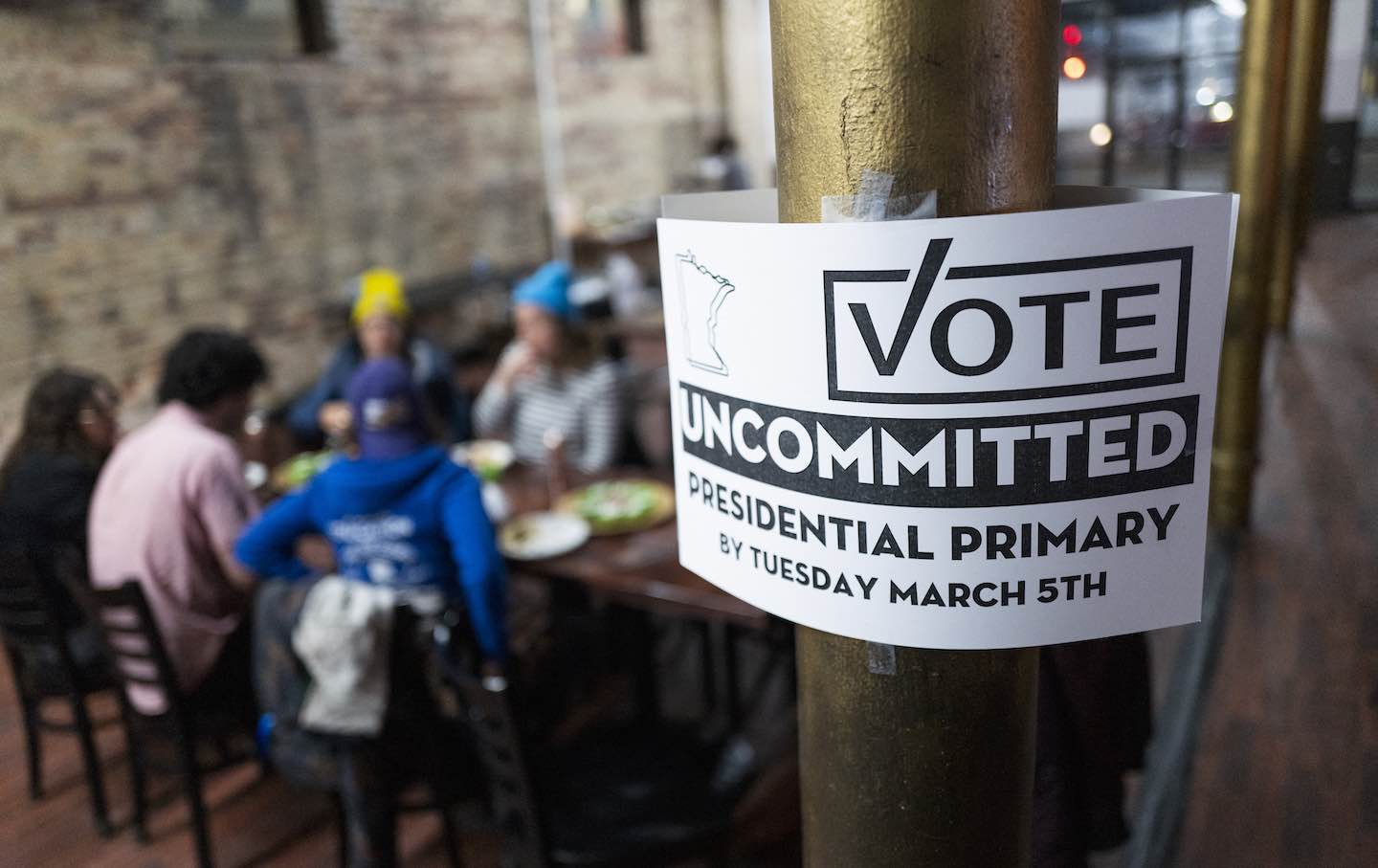 People gather at an Uncommitted Minnesota watch party during the presidential primary in Minneapolis, Minn., on Super Tuesday, March 5, 2024.