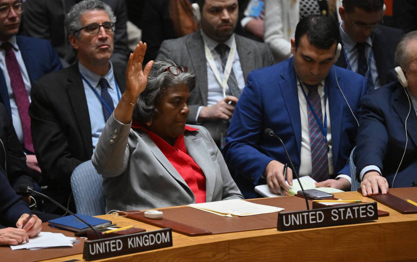 US Ambassador to the United Nations Linda Thomas-Greenfield votes “abstain” during a vote on a resolution calling for an immediate cease-fire in Gaza on March 25, 2024.