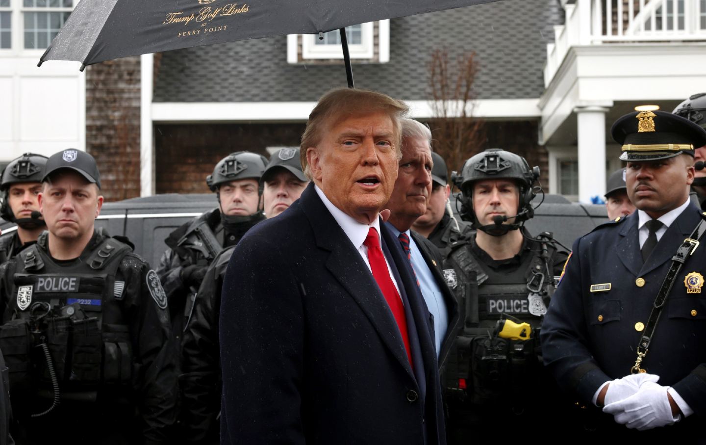Former US president Donald Trump attends the wake of slain NYPD Officer Jonathan Diller on March 28, 2024, in Massapequa, N.Y.