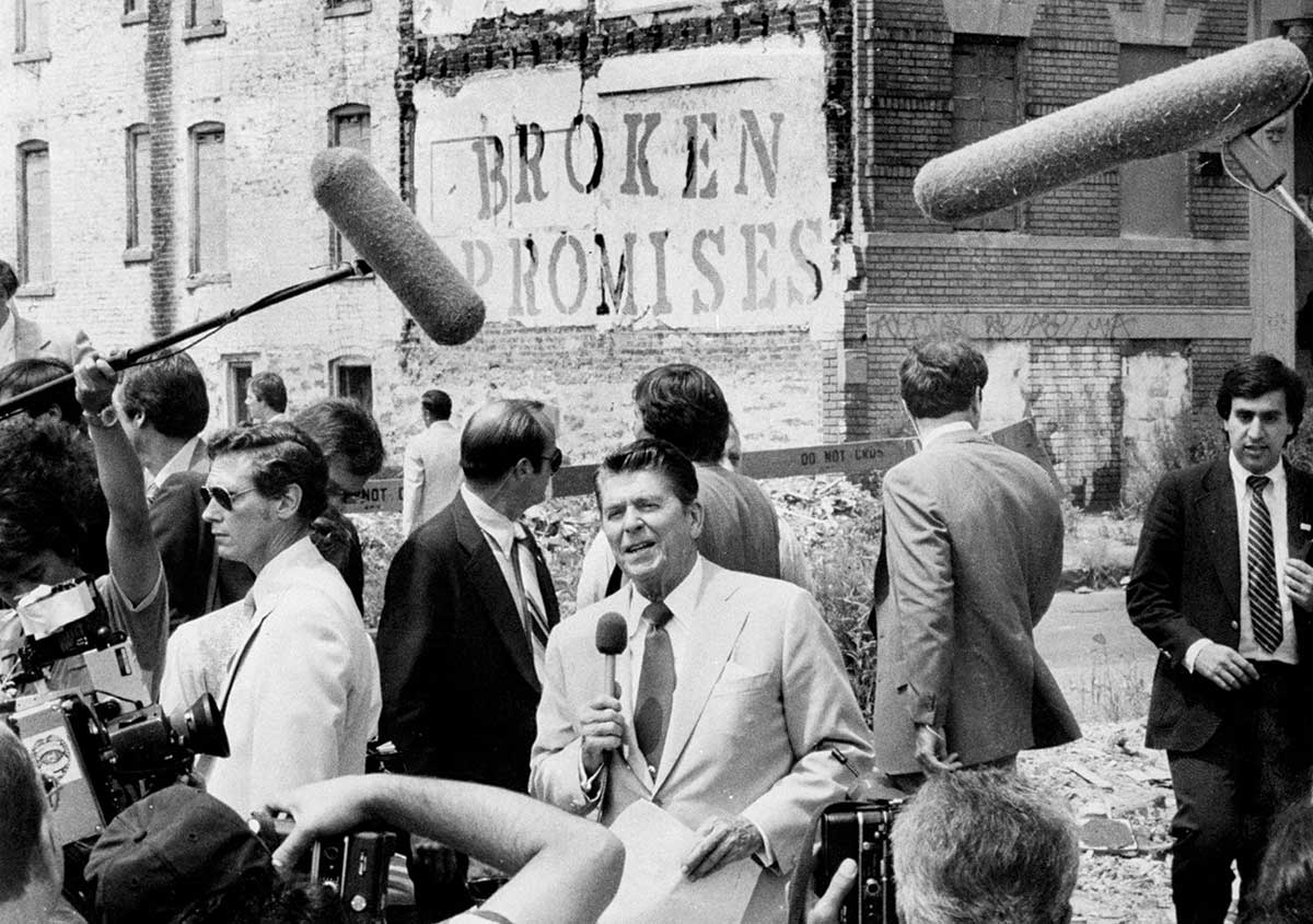 President Ronald Reagan speaking in the South Bronx in 1980. HIV/AIDS hit communities that had already suffered under the New York City’s program of fiscal austerity of the 1970s.