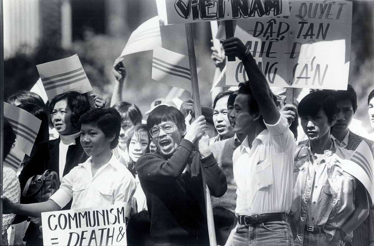 A protest in San Jose’s St. James Park on the 10th anniversary of the fall of Saigon.