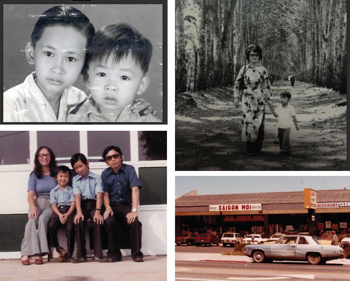Clockwise from top left, Viet with his brother, Tùng; with his mother, Linda; the Nguyens’ store; a family portrait.