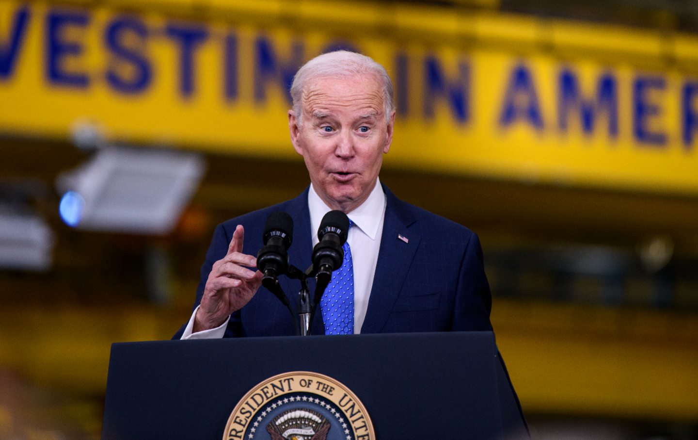 President Joe Biden speaks during a visit to Fridley, Minn., as part of his administration’s “Investing in America” tour on April 3, 2023.