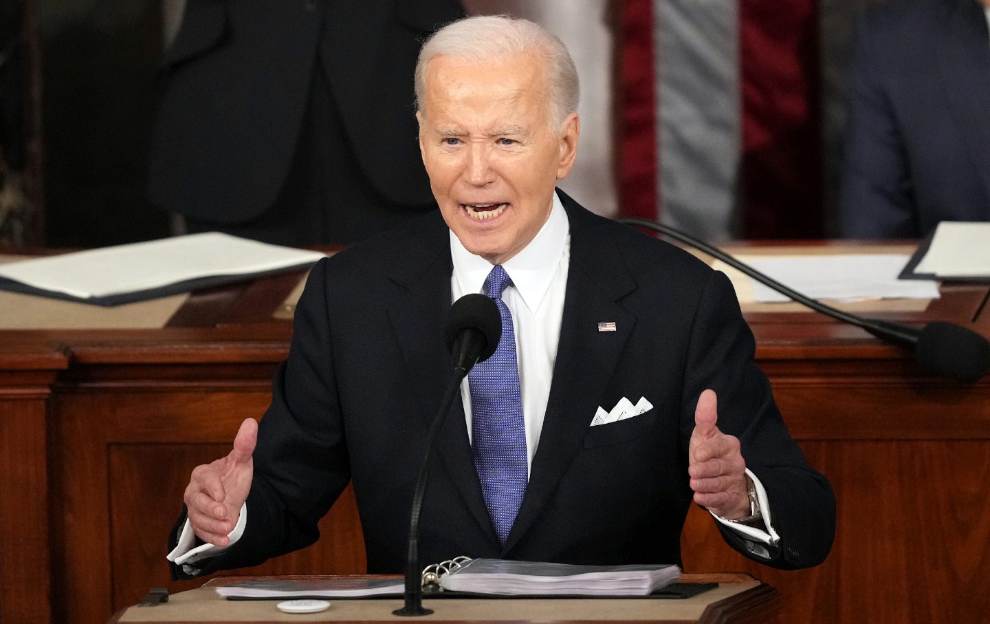 A close-up shot of President Joe Biden at the podium delivering the State of the Union.