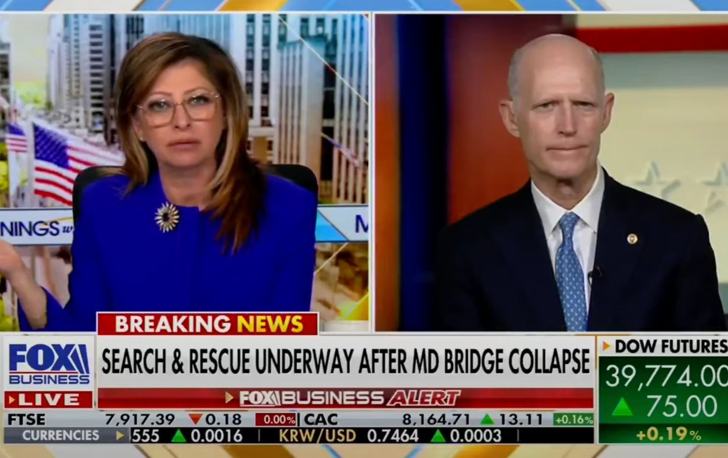 Maria Bartiromo talks to Sen. Rick Scott on Fox Business on Tuesday, March 26, 2024.