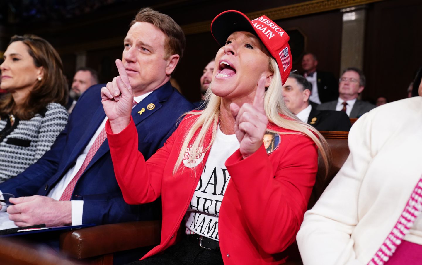 Representative Marjorie Taylor Green, a Republican from Georgia, in the House Chamber during a State of the Union address at the US Capitol in Washington, D.C., on March 7, 2024.